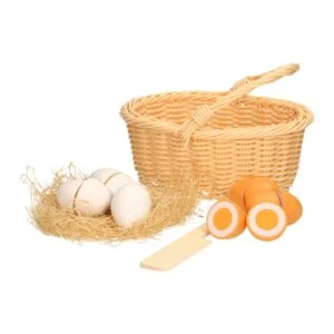 Houten eieren in mandje-Pasen-houten speelgoed-Kiddeaus